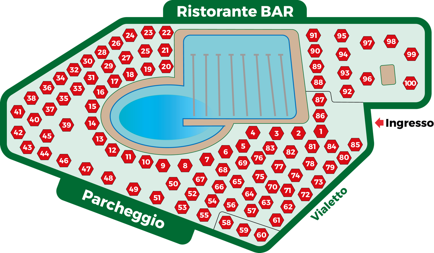Mappa con la numerazione degli ombrelloni della piscina estiva, stagione 2026
